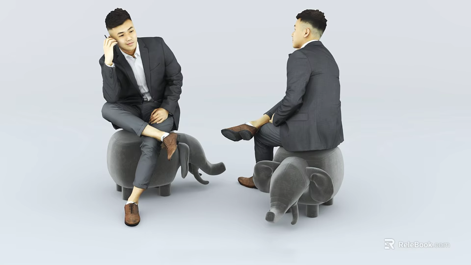 Two Men in Suits Sitting on Gray Elephant Stools Different Positions 3d model