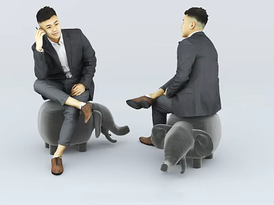 Two Men in Suits Sitting on Gray Elephant Stools Different Positions 3d model
