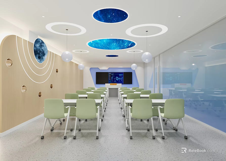 School Classroom Featuring Starry Sky Ceiling Design Light Green Chairs Planet Decor and Smart Board 3d model 