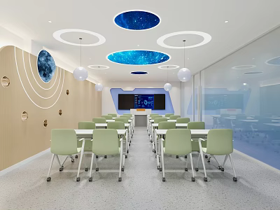 School Classroom Featuring Starry Sky Ceiling Design Light Green Chairs Planet Decor and Smart Board 3d model