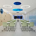 School Classroom Featuring Starry Sky Ceiling Design Light Green Chairs Planet Decor and Smart Board