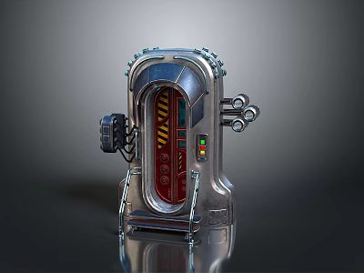 Futuristic Sci-Fi Metallic Chamber with Red Interior Pipes and Control Panel 3d model