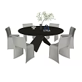 Modern Round Dining Table Set with Gray Chairs and Decorative Tabletop Items 3d model