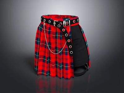 Red Plaid Scottish Kilt With Black Panel Metal Buckles And Chain 3d model
