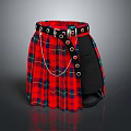Red Plaid Scottish Kilt With Black Panel Metal Buckles And Chain