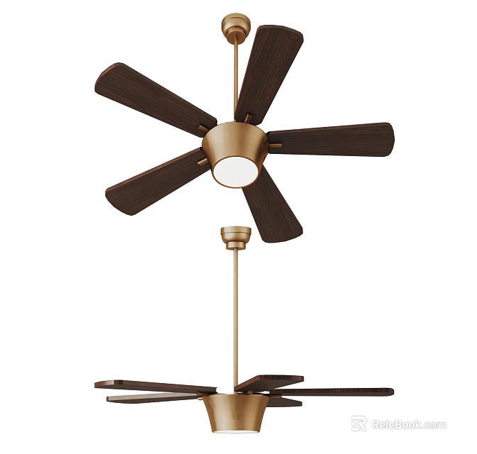 Modern Ceiling Pendant Light with Dark Wooden Blades and Round Brass Light Fixture 3d model 