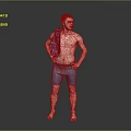 Shirtless Man With Blue Towel Over Shoulder And Blue Shorts Standing Barefoot On Gray Background