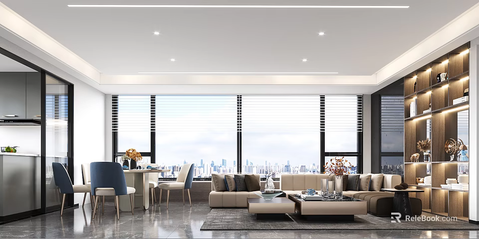 Modern Dining and Living Room Interior With Large Windows Sofa Dining Table and Decorative Elements 3d model