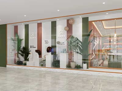 Elegant Modern Shop Window Display With Green Plants Decorative Balls And Glass Front 3d model