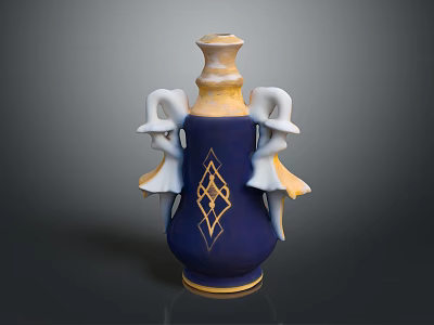 Decorative Wine Bottle With Blue Body Golden Diamond Pattern Yellow Top And White Handles 3d model