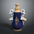 Decorative Wine Bottle With Blue Body Golden Diamond Pattern Yellow Top And White Handles