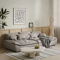 Modern Grey Sofa And Coffee Table Set With Round Marble Top Plush Cushions Throw Blanket 3d model
