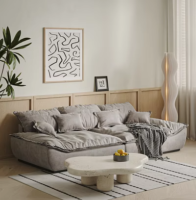 Modern Grey Sofa And Coffee Table Set With Round Marble Top Plush Cushions Throw Blanket 3d model