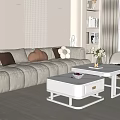 Modern Beige Sofa and Coffee Table Set with Accent Pillows Bookshelf and Fresh Flowers