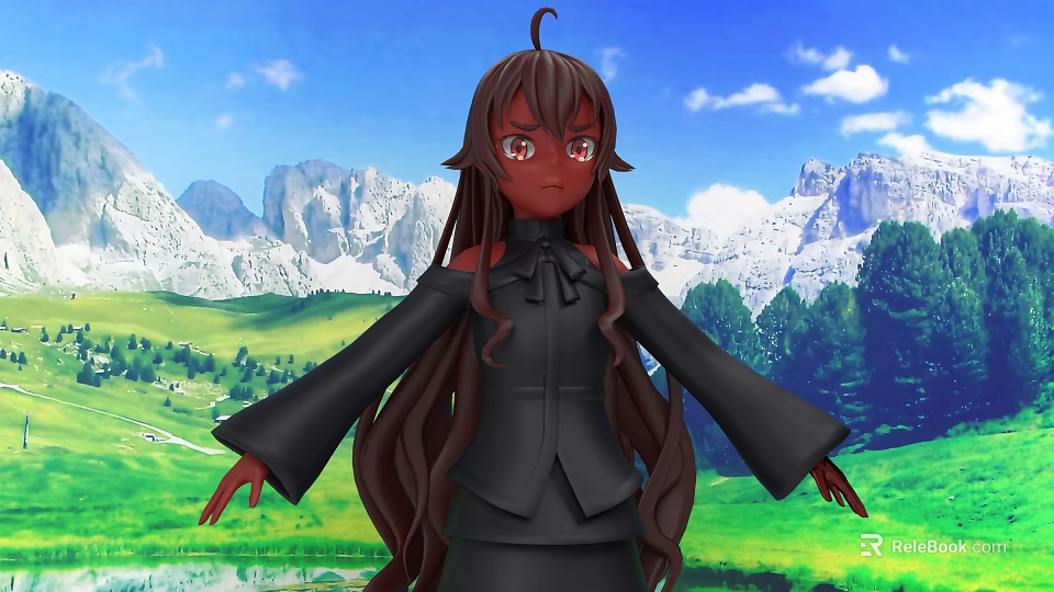 Woman With Long Brown Hair In Black Outfit Standing Against Snowy Mountains And Green Meadow 3d model 