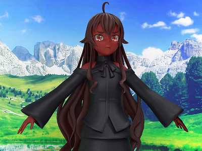 Woman With Long Brown Hair In Black Outfit Standing Against Snowy Mountains And Green Meadow 3d model