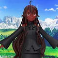 Woman With Long Brown Hair In Black Outfit Standing Against Snowy Mountains And Green Meadow