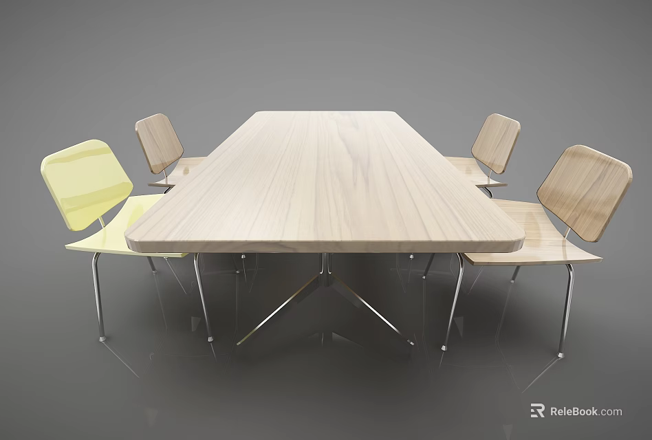 Modern Rectangular Dining Table Set With Wooden Top And Yellow Metal Leg Chairs 3d model 