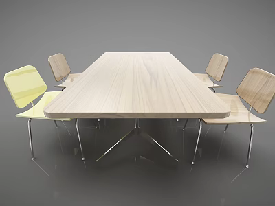 Modern Rectangular Dining Table Set With Wooden Top And Yellow Metal Leg Chairs 3d model