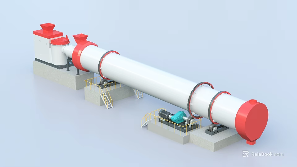Industrial Rotary Kiln Equipment With White Body Red Ends Base Ladders Railings And Motor Drive 3d model 