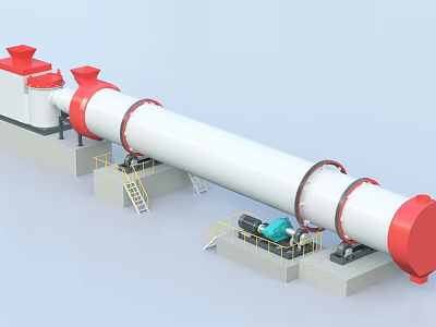 Industrial Rotary Kiln Equipment With White Body Red Ends Base Ladders Railings And Motor Drive 3d model