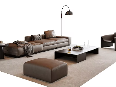 Modern Leather Sofa Coffee Table Set with Cushions Blanket Ottoman for Elegant Cozy Living Room 3d model