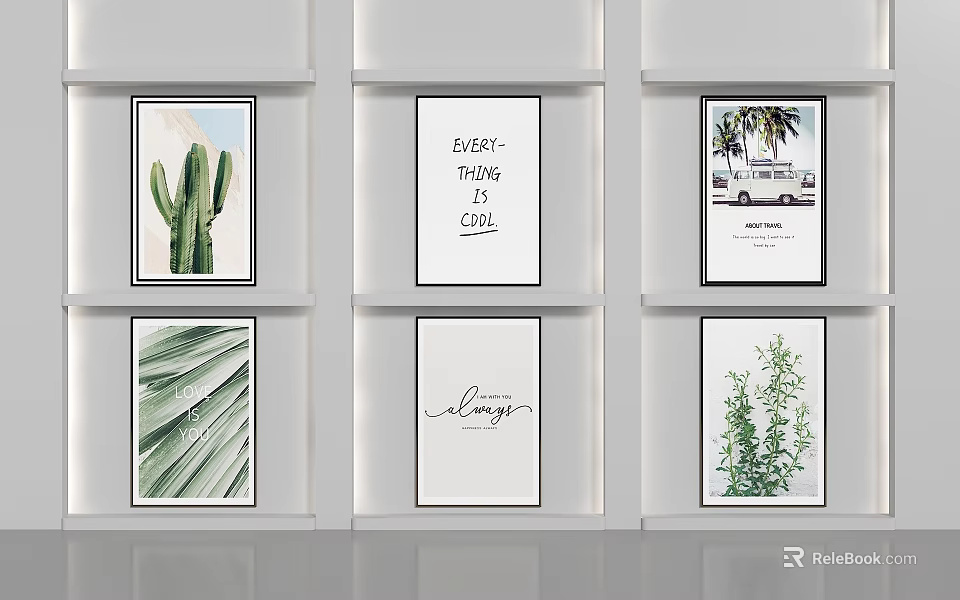 Abstract Paintings Collection with Cactus Typography Vintage Car and Green Plant Elements 3d model 