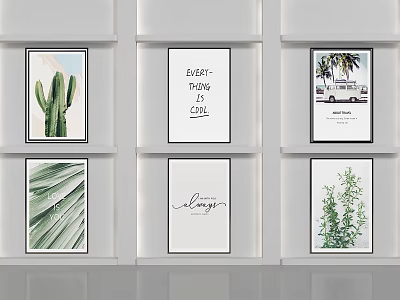 Abstract Paintings Collection with Cactus Typography Vintage Car and Green Plant Elements 3d model