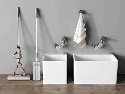 Essential Cleaning Tools With Mop Broom White Bins And Towel On Wall 3d model