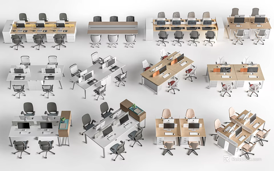 Various Office Desk Layouts With Ergonomic Chairs And Computer Setups 3d model 