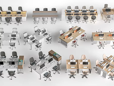 Various Office Desk Layouts With Ergonomic Chairs And Computer Setups 3d model
