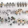 Various Office Desk Layouts With Ergonomic Chairs And Computer Setups 3d model