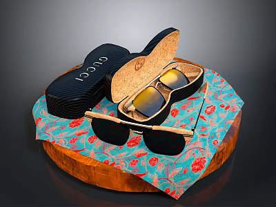 Gucci Sunglasses In Case On Floral Cloth And Wooden Base For Daily Use 3d model