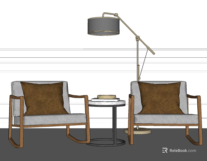 Leisure Sofa Set With Two Gray Chairs Brown Pillows Small Round Table And Floor Lamp 3d model 