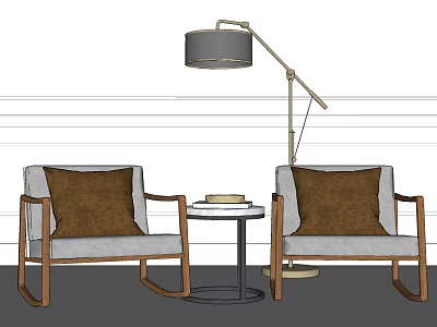 Leisure Sofa Set With Two Gray Chairs Brown Pillows Small Round Table And Floor Lamp 3d model