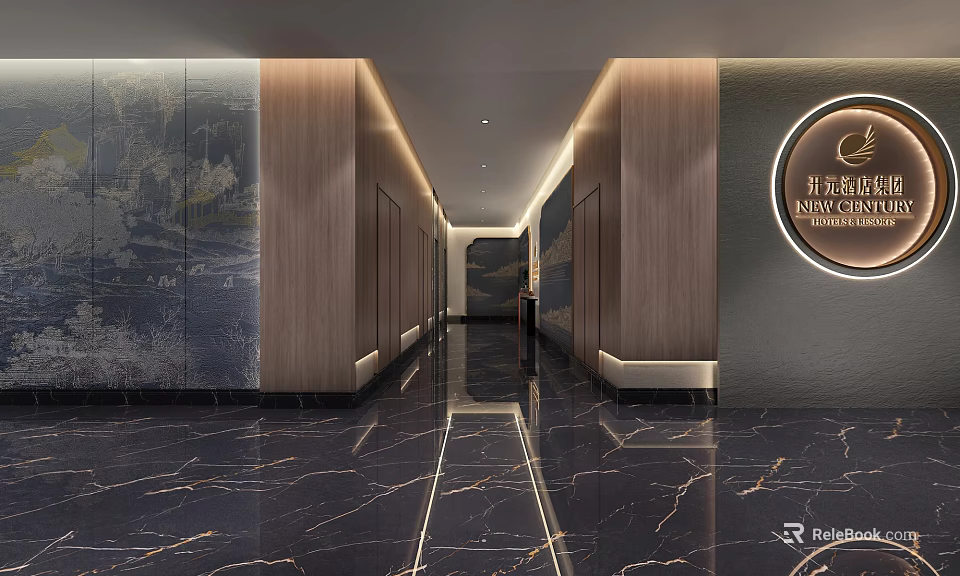 Luxurious Modern Hotel Corridor Interior Design With Marble Floor Wooden Walls And Ambient Lighting 3d model 