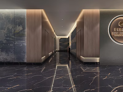 Luxurious Modern Hotel Corridor Interior Design With Marble Floor Wooden Walls And Ambient Lighting 3d model