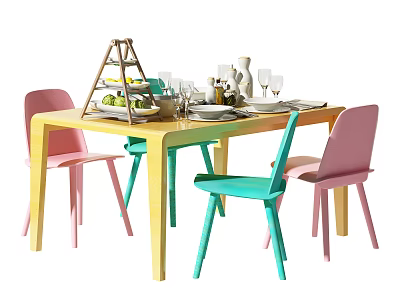Colorful Dining Table Set With Multicolored Chairs And Tableware Decorations On Top 3d model