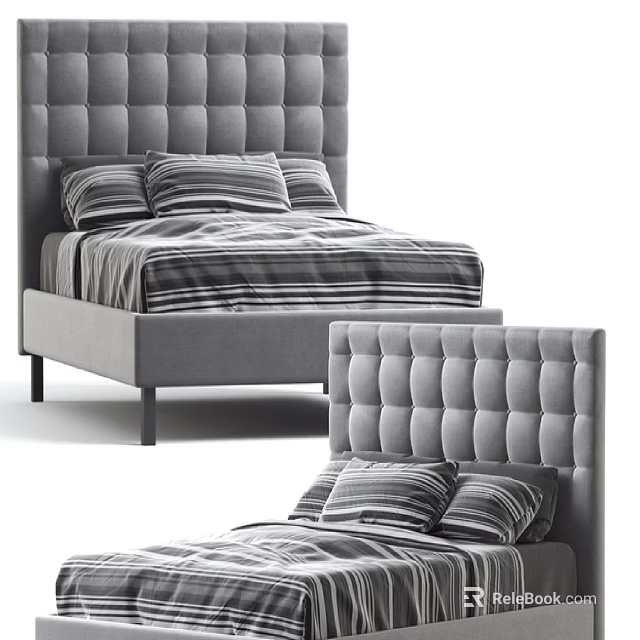 Grey Upholstered Double Bed With Tufted Headboard And Striped Bedding In Bedroom 3d model 