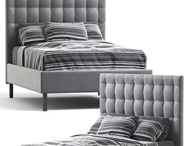 Grey Upholstered Double Bed With Tufted Headboard And Striped Bedding In Bedroom 3d model