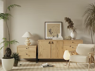 Modern Wooden Chest of Drawers in Living Room With Plants Lamp Artwork and Armchair 3d model