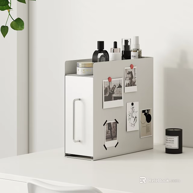 White Storage Shelf with Skincare Bottles Photos and Push Pins on Table 3d model 