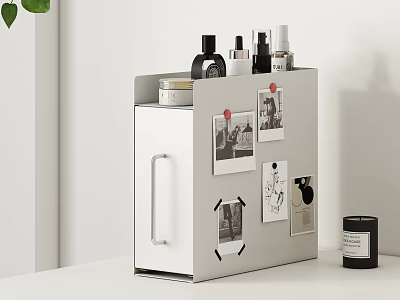 White Storage Shelf with Skincare Bottles Photos and Push Pins on Table 3d model