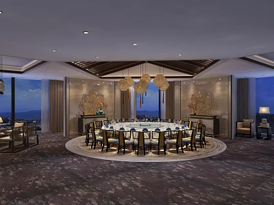Chinese Style Private Dining Room With Round Table Chandelier And Scenic View 3d model