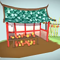 Chinese Style Pavilion Furniture With Wooden Shelves Green Tiled Roof Red Frame And Lanterns
