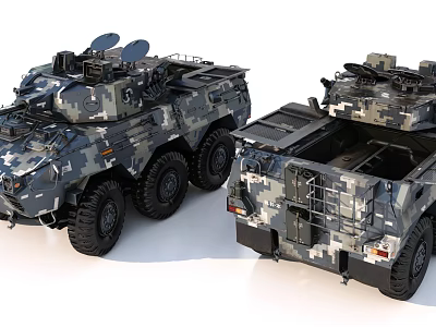 Two Modern Military Tanks With Camouflage Pattern Wheeled Design And Top Antenna Systems 3d model