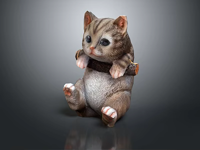 Adorable Kitten Stuffed Toy Sitting Hugging Body with Collar Brown White Fur Dark Background 3d model