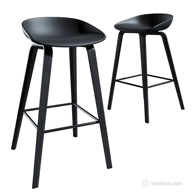 Set Of Two Black Modern Bar Stools With Wooden Legs For Kitchen Counter 3d model 