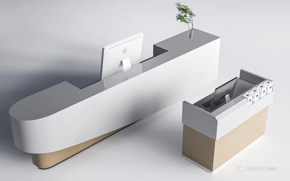 Modern Reception Desk Design With White Surface Wooden Base Small Side Cabinet And Potted Plant 3d model 