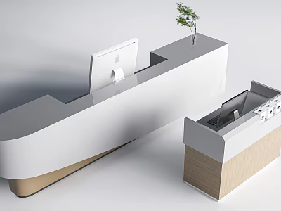 Modern Reception Desk Design With White Surface Wooden Base Small Side Cabinet And Potted Plant 3d model